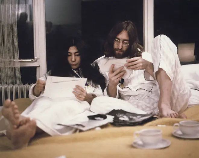 John Lennon and Yoko Ono (left) during their 'Bed-In' in the Presidential suite of the Hilton hotel in Amsterdam, Netherlands in March 1969.