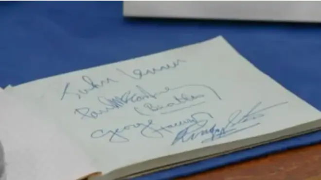 The guest also accompanied the helmet with a book containing the Beatles four signatures (pictured).