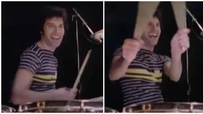 Freddie Mercury playing the drums during a rehearsal for Queen's News Of The World tour at Shepperton Studios in October 1977.