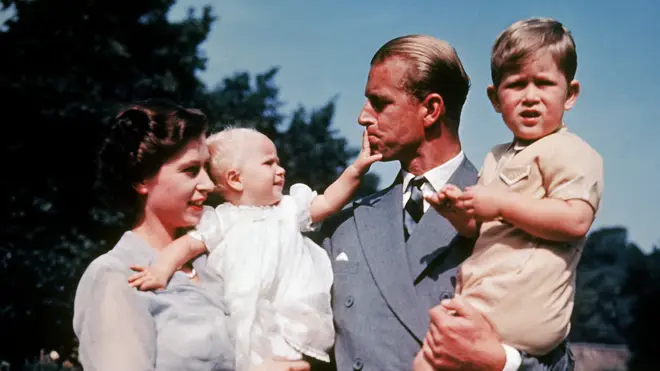 Queen Elizabeth II and the Duke of Edinburgh with children Charles and Anne