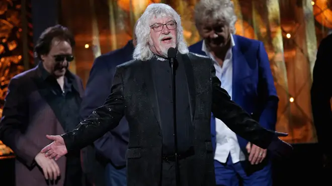 Graeme Edge accepting The Moody Blues' induction into the Rock and Roll Hall of Fame in 2018. (Photo by Kevin Kane/Getty Images For The Rock and Roll Hall of Fame)