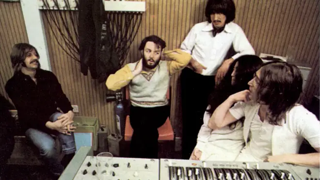 The Beatles and John Lennon's partner, Yoko Ono, in the recording studio