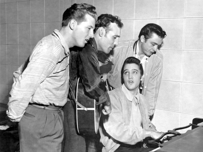 Jerry Lee Lewis, Carl Perkins, Elvis Presley and Johnny Cash as The Million Dollar Quartet