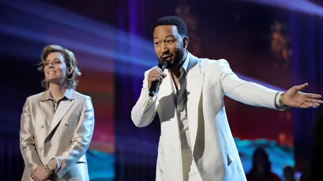 Brandi Carlile and John Legend performing together at A Grammy Salute To The Beach Boys. (Photo by Amy Sussman/Getty Images for The Recording Academy)