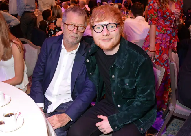 Ed Sheeran with his guitar hero Eric Clapton at the Ivor Novello Awards in 2018. (Photo by David M. Benett/Dave Benett/Getty Images)