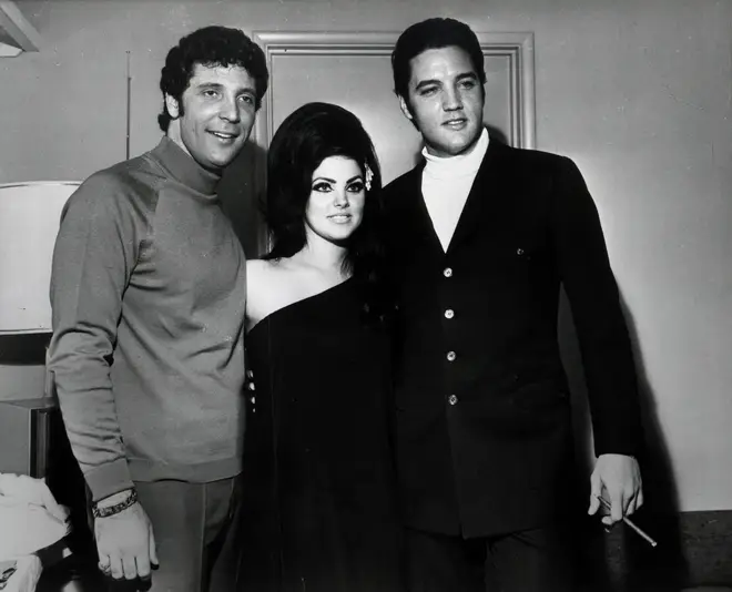 Tom Jones meeting Elvis Presley and then-wife Priscilla in Las Vegas, 1968. (Photo by Michael Ochs Archives/Getty Images)