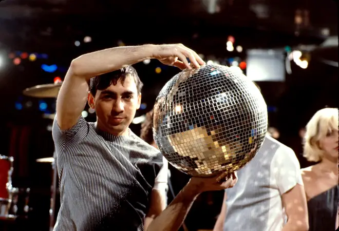 Chris Stein with a glitterball on the Heart of Glass video shoot
