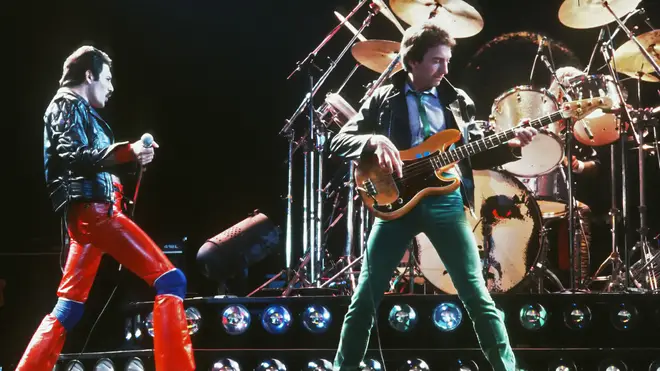Queen in concert in 1980 with Freddie Mercury and John Deacon