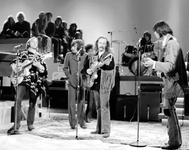 Crosby Stills Nash & Young in 1970. (Photo by Michael Ochs Archives/Getty Images)