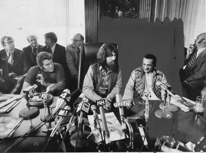 George Harrison and Ravi Shankar talking to reporters about their benefit show at Madison Square Garden. (Photo by Leonard Detrick/NY Daily News Archive via Getty Images)