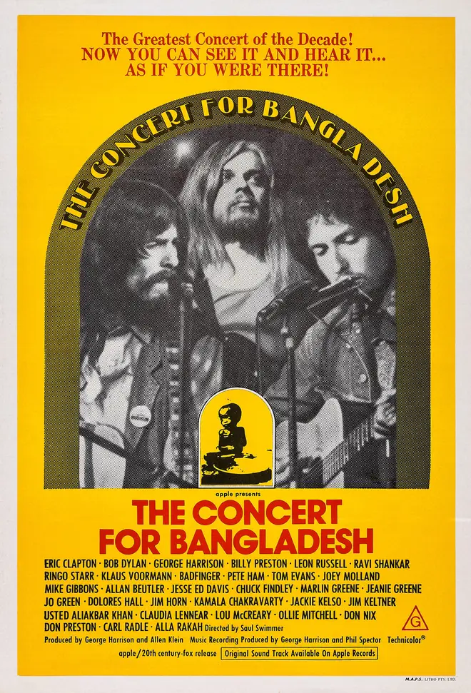 A poster for the film of Concert For Bangladesh, featuring George Harrison, Leon Russell, and Bob Dylan.