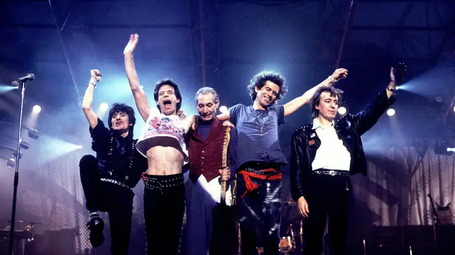 The Rolling Stones perform with Bill Wyman and Charlie Watts on the Steel Wheels tour in 1989
