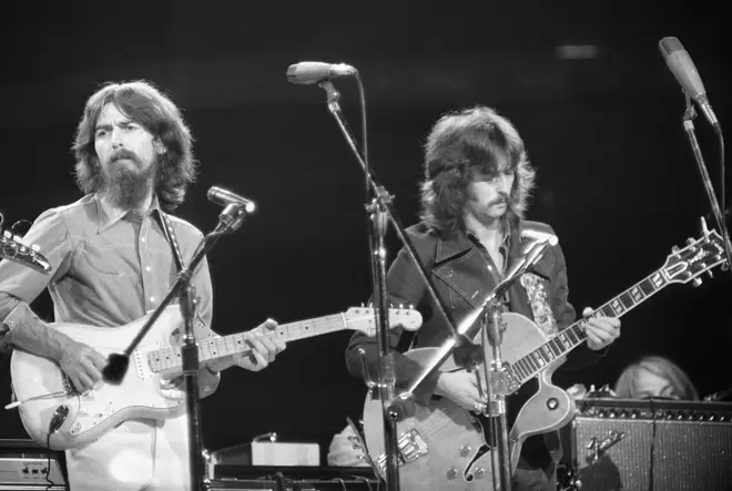 George and Eric on stage together at Concert For Bangladesh in 1971.