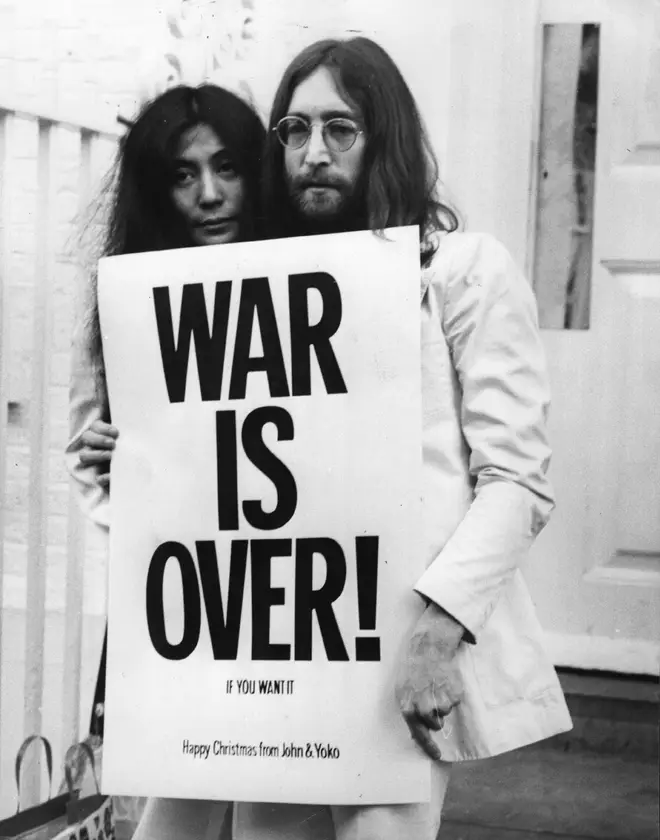 'War Is Over, If You Want It' was the peace slogan promoted by John Lennon and Yoko Ono.  (Photo by Frank Barrett/Keystone/Hulton Archive/Getty Images)