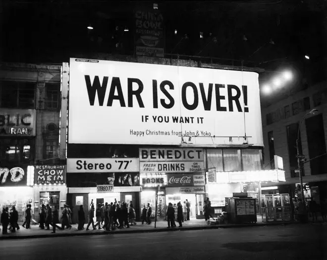 This billboard in Times Square, New York City was one of several large billboards purchased in eleven major world cities to display John Lennon and Yoko Ono's Christmas message for peace.