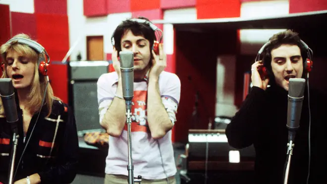 Wings: Linda McCartney, Paul McCartney and Denny Laine in the studio in 1973