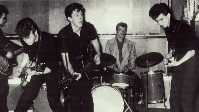 The Silver Beetles in 1960: Stuart Sutcliffe, John Lennon, Paul McCartney, Johnny Hutchinson and George Harrison