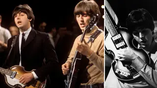 Paul McCartney playing a 500/1 Hofner violin bass guitar