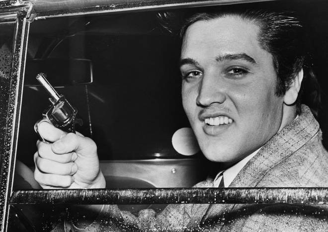 Elvis Presley holding a toy pistol, similar to the Agent King poster